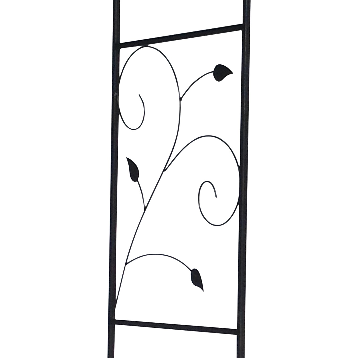 Detailansicht Rosenbogen Metall, schwarze Rankhilfe mit Blattmuster für Gartenpflanzen.