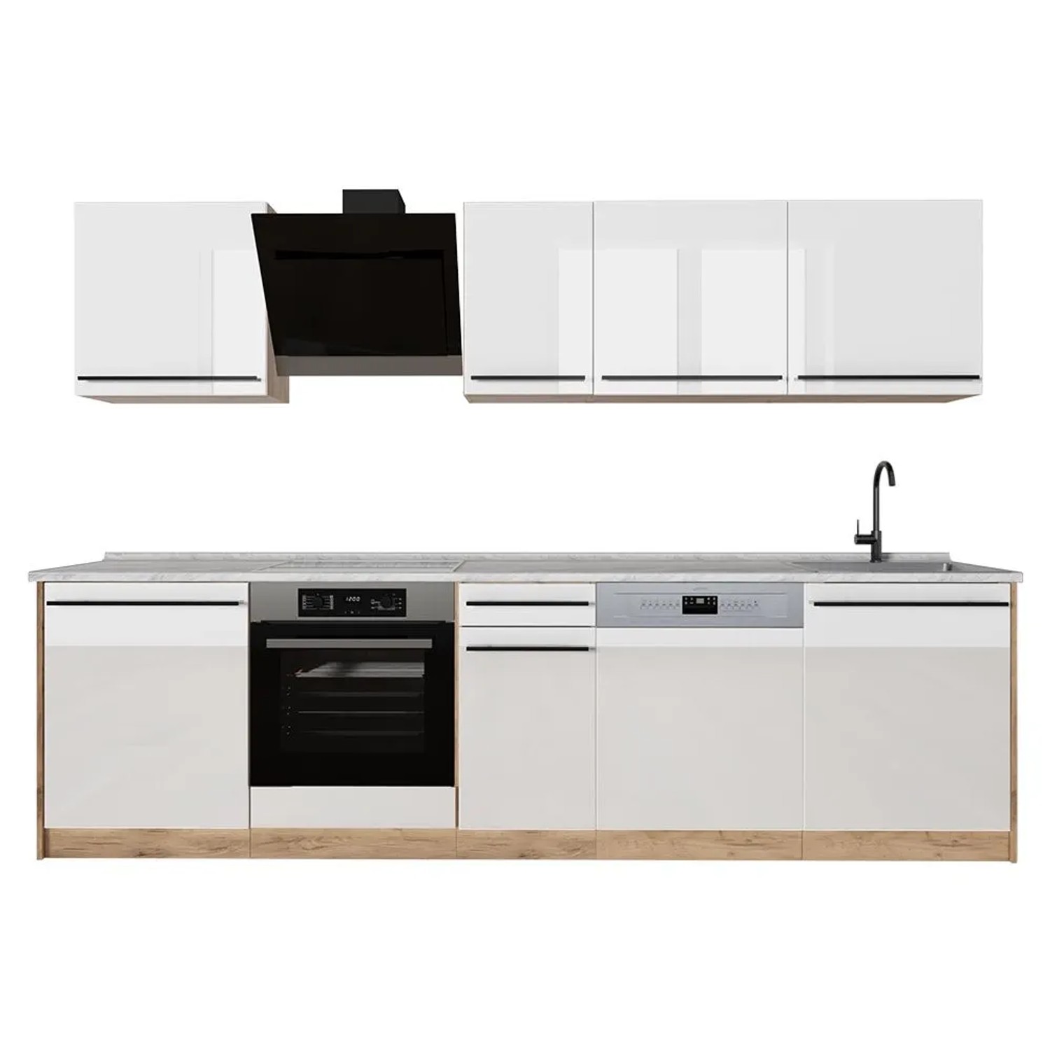 Vicco Küchenzeile R-Line Weiß Hochglanz/Goldkraft Eiche 280 x 207 Arbeitsplatte Marmor Art Nr 66404