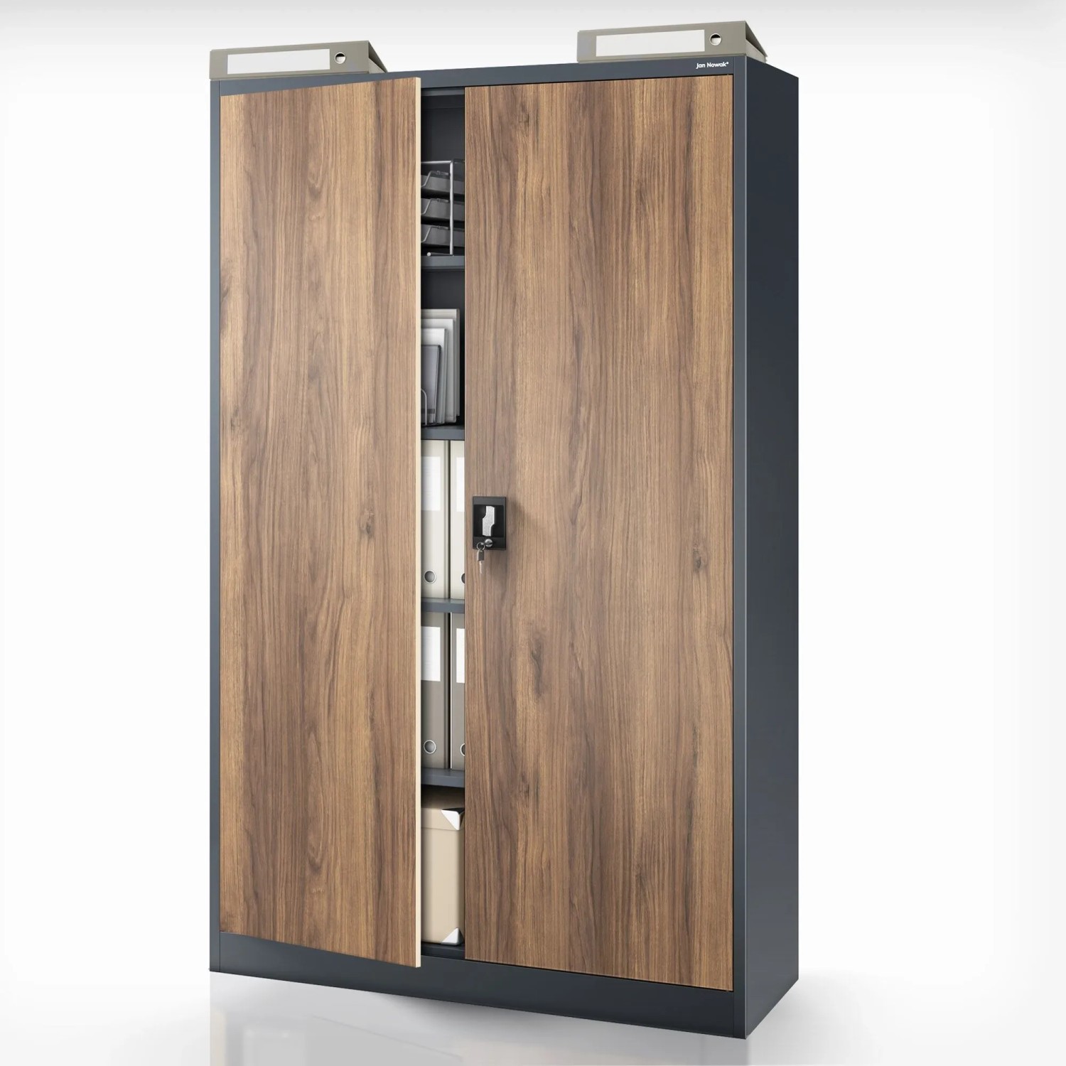 Jan Nowak Aktenschrank JAN II: Anthrazit Metallschrank mit braunen Holzoptik-Türen, abschließbar, für Büro & Archiv.