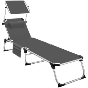 Graue Tectake Aluminium Sonnenliege Aurelie, klappbar, mit Kopfkissen, Sonnendach und verstellbarer Rückenlehne.