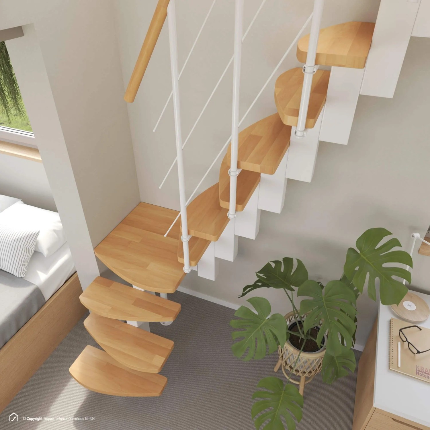 Intercon Raumspartreppe Quadro, 12 Stufen Buche natur, Metall weiß, einseitiges Geländer.