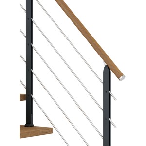 Detailaufnahme: Dolle Mittelholmtreppe Hamburg mit Eichenstufen, anthrazitfarbenem Geländer und Edelstahlstäben.