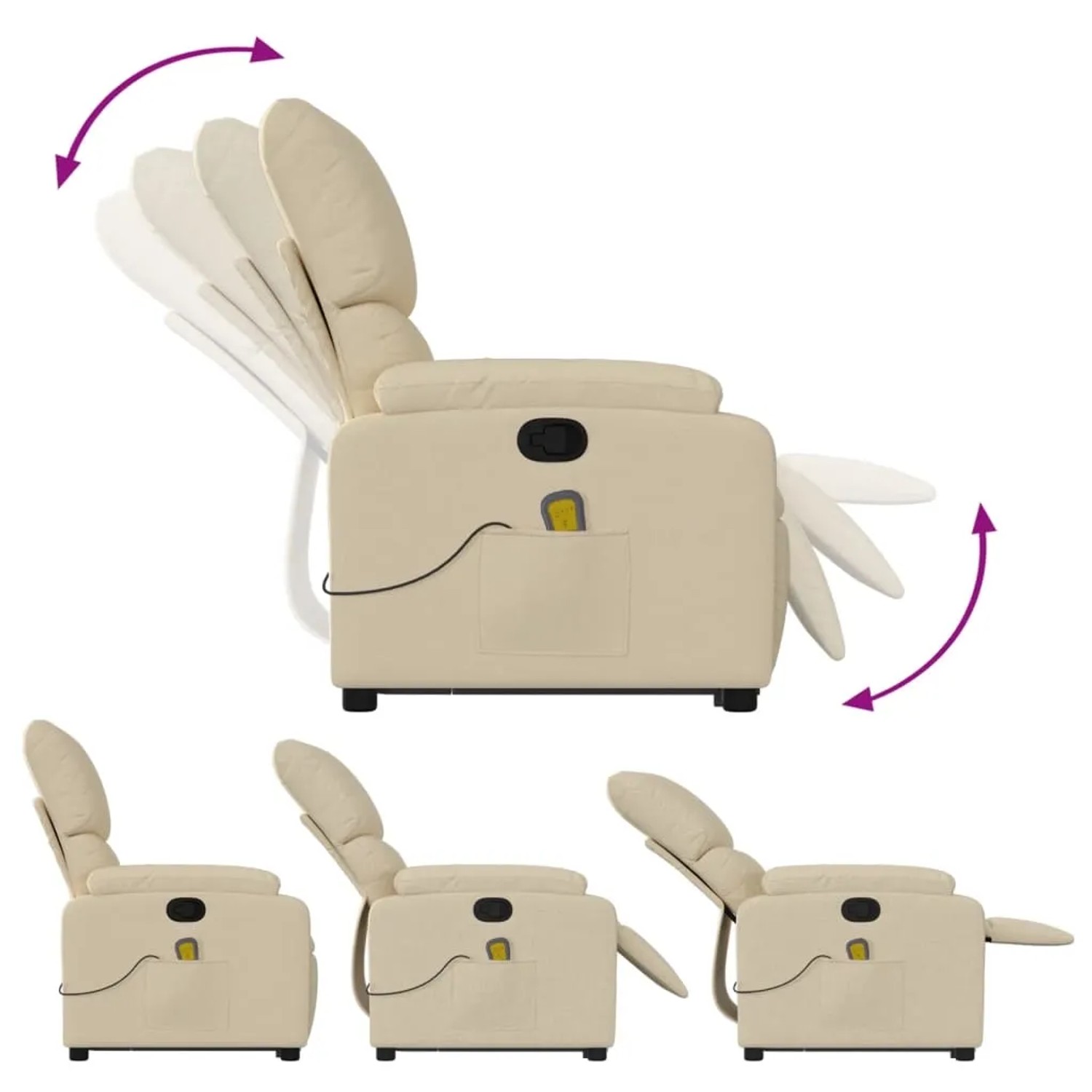 Cremefarbener Massagesessel mit Aufstehhilfe, verschiedene Positionen der Rückenlehne und Fußstütze.