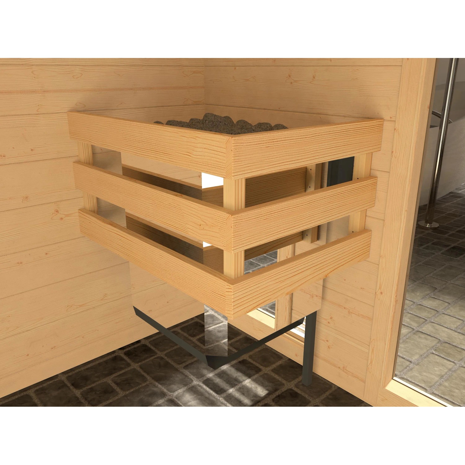 Detailaufnahme: Weka Massivholzsauna Valida Ofen mit Saunasteinen und Ofenschutzgitter.