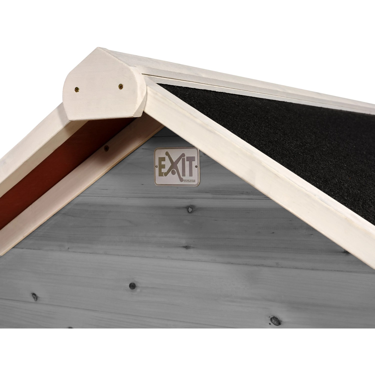 Detailansicht: Graues EXIT Loft 500 Holzspielhaus mit wasserdichtem Dach.