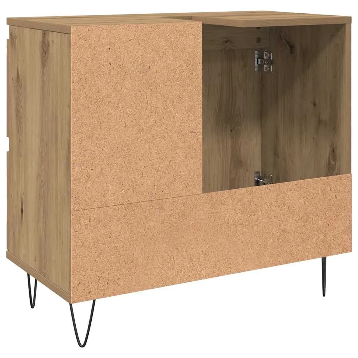 Waschbeckenunterschrank Artisan-Eiche aus Holzwerkstoff, mit offenem Fach, sichtbaren Scharnieren und schwarzen Eisenbeinen.