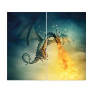 2-teilige Glas Herdabdeckplatte mit Drachen Motiv, auch als Schneidebrett nutzbar.