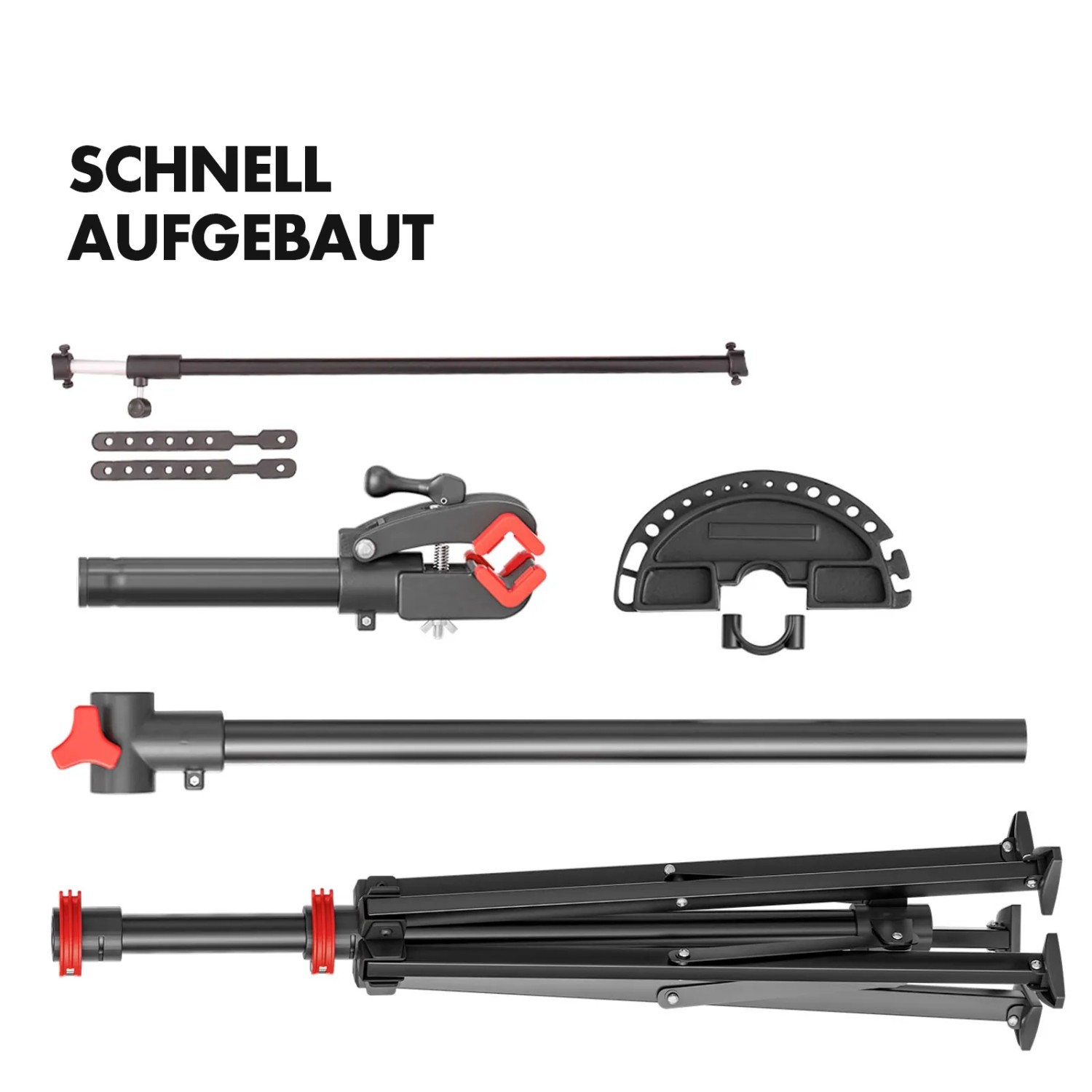 Einzelteile des KARAT Fahrrad Montageständers Lois, höhenverstellbar, bis 30 kg Tragkraft.
