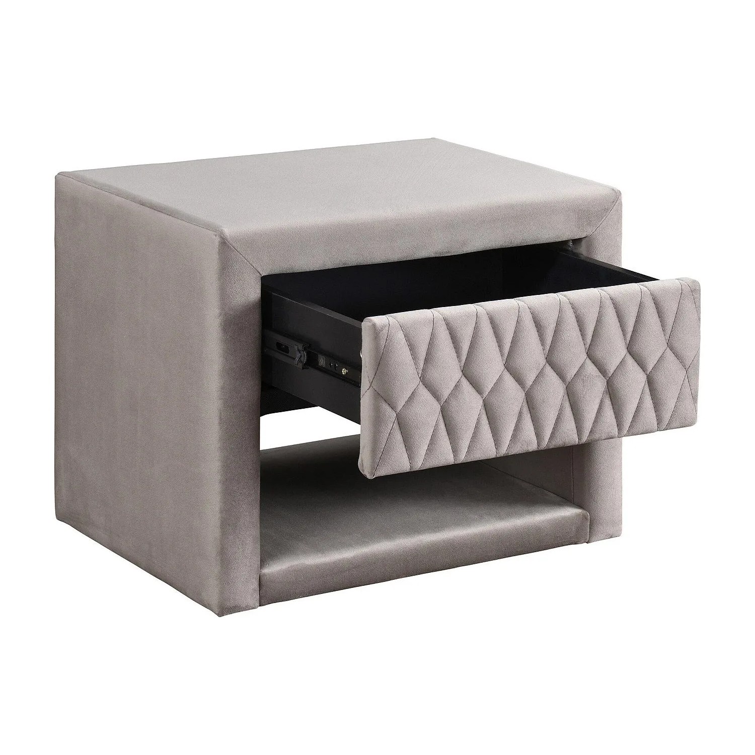 Beiger Samt Nachttisch Daniele im Art Déco Stil mit offener Schublade und Ablage. Kompaktes Design für Schlafzimmer.