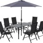 8-tlg. Gartenmöbel-Set Townsville in Anthrazit mit Tisch, 6 Stühlen und Sonnenschirm.