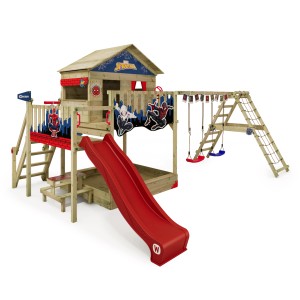 Wickey Spielturm Disney Saga mit roter Rutsche, Schaukel und Klettergerüst.