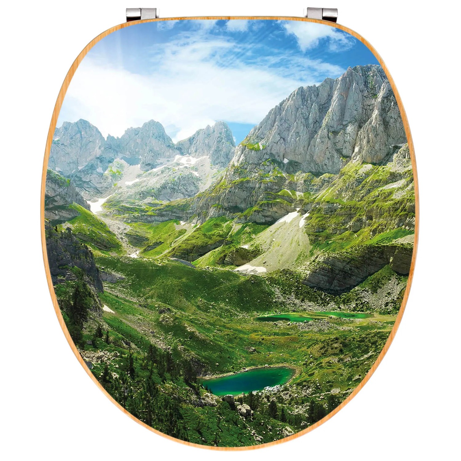 Banjado WC-Sitz aus Bambus mit Bergsee-Alpen Motiv. Toilettendeckel aus Holz mit Universal Scharnieren.