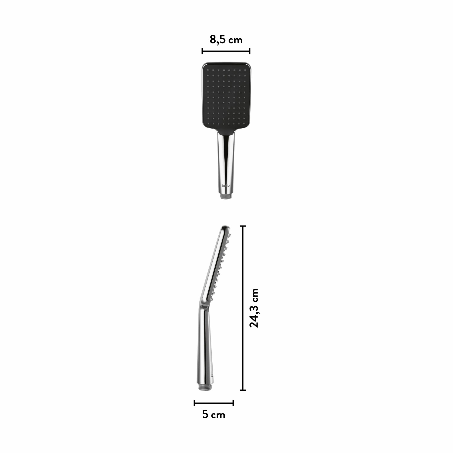 Abbildung der baliv Handbrause HBR-120.270, verchromt mit schwarzem Brausekopf, Maße sind eingezeichnet.