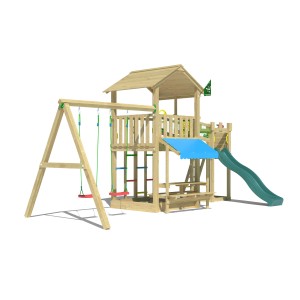 Jungle Gym Spielturm Cascade mit 2 Schaukeln, Brücke und Rutsche. Holz natur, dunkelgrüne Rutsche.