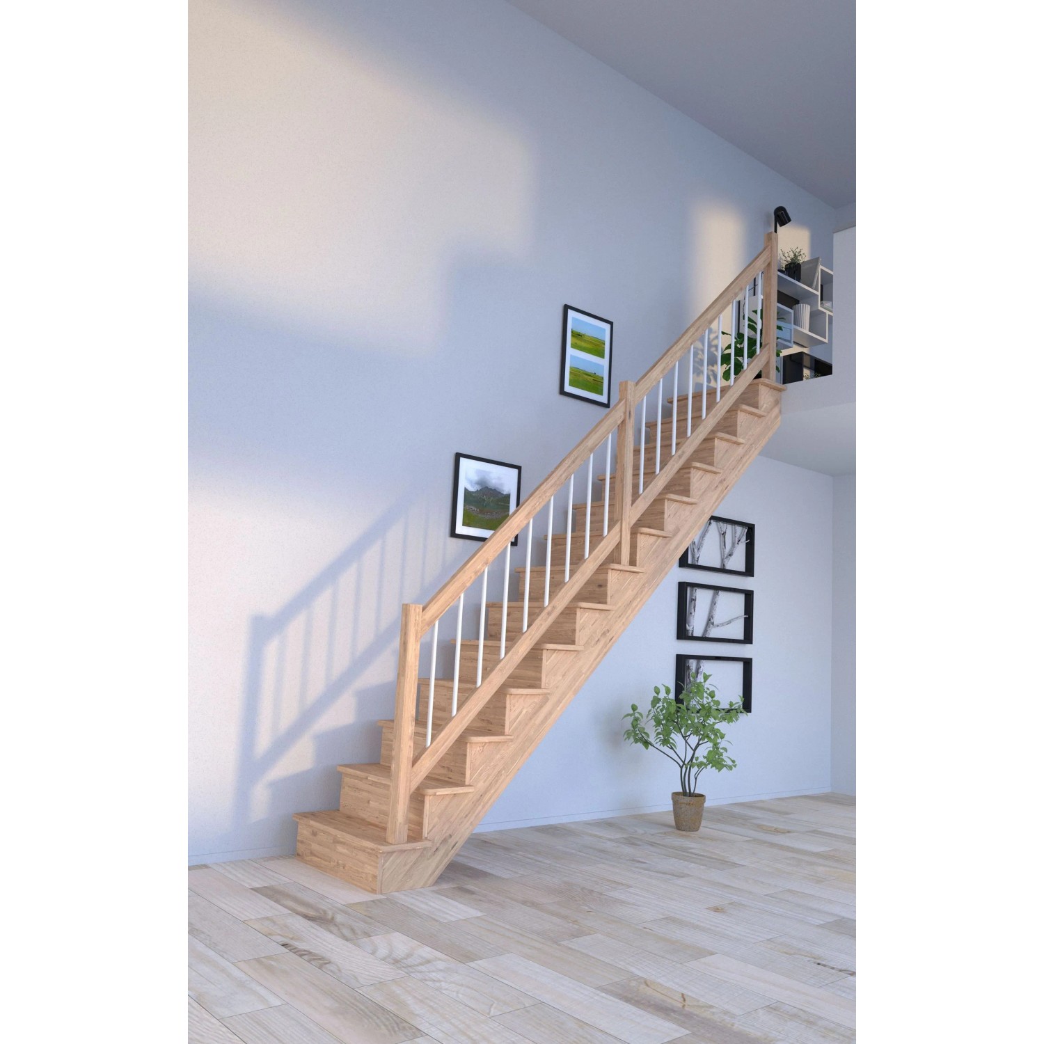Helle, gerade Treppe Lindos Eiche mit weißem Holz-Edelstahl-Geländer und Setzstufen im Innenraum.