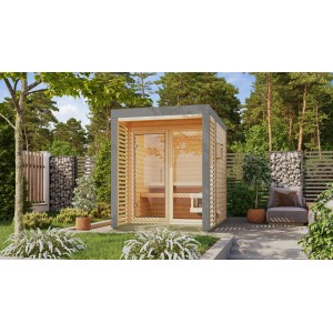 Karibu Saunahaus Seros 1, naturbelassen/graualuminium, mit Terrasse und großem Fenster.