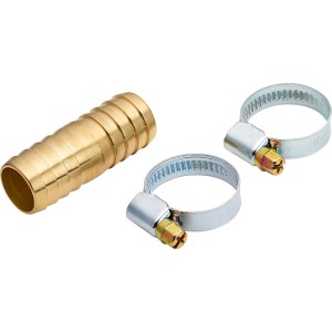 Schlauchverbinder Ø 19 mm (3/4) aus Messing mit zwei Schlauchschellen für die Schlauchreparatur.