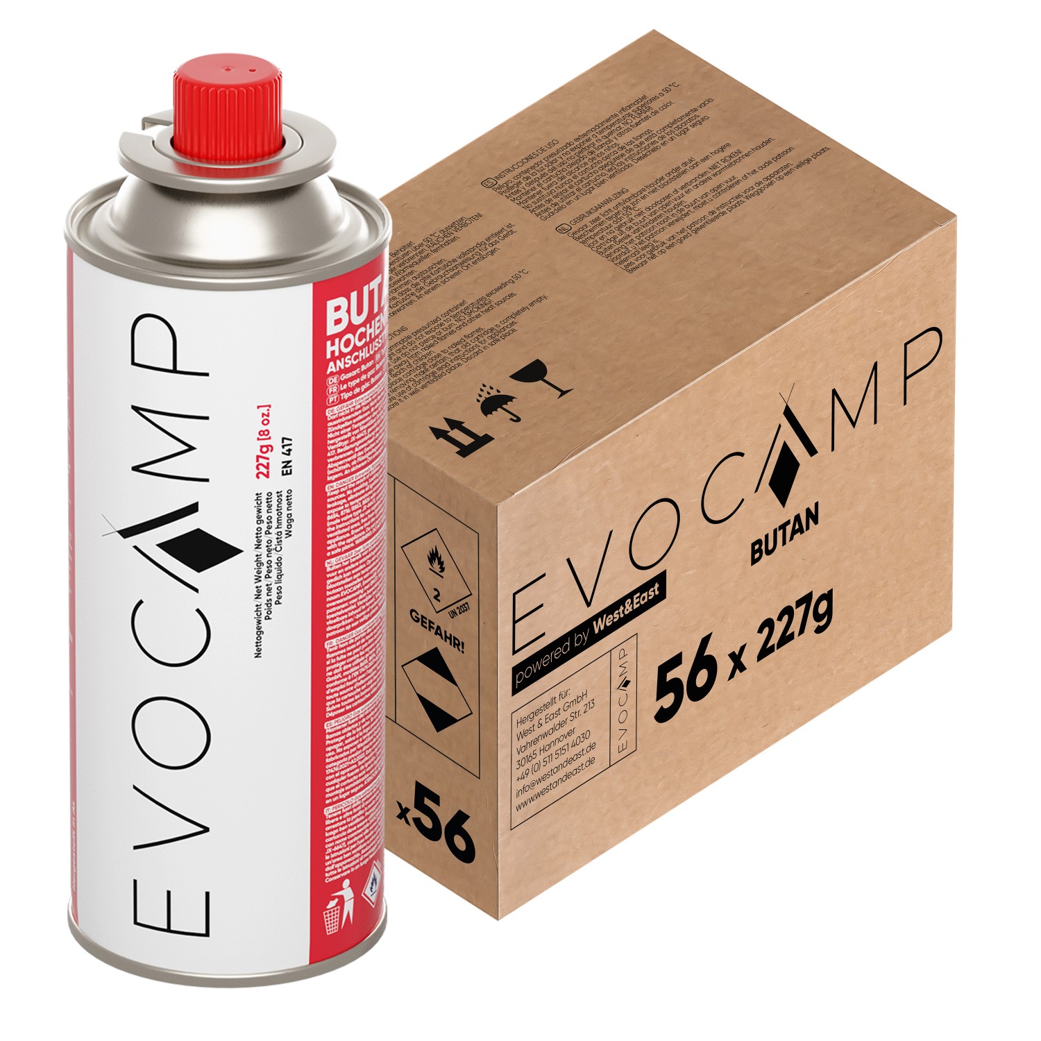 Evocamp Butan 56 Stück Gaskartusche 227g für Campingkocher Gasheizung und Unkrautbrenner Typ MSF-1a