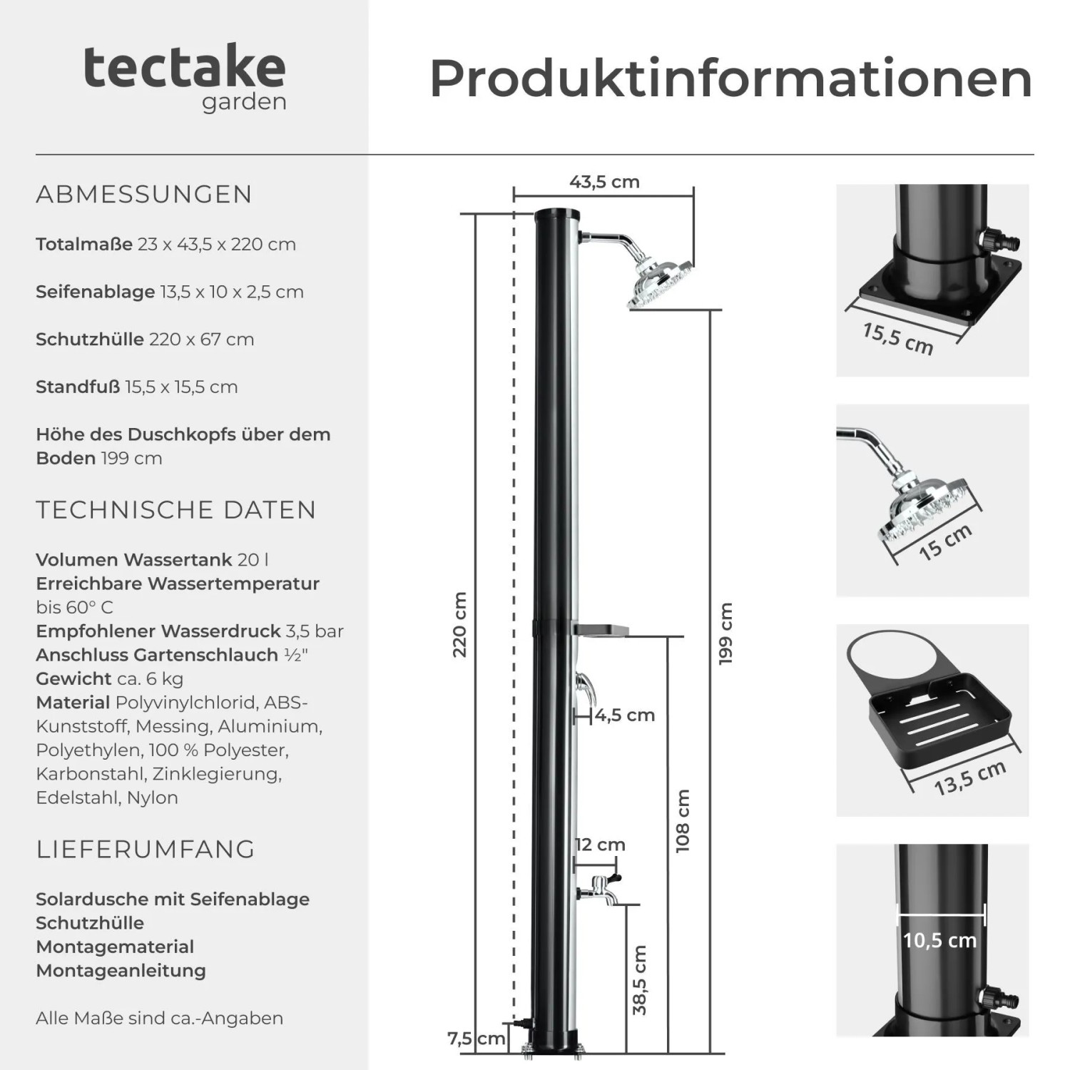 Schwarze Tectake Solardusche Tinto mit Seifenablage und Maßen