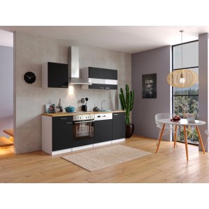 Respekta Küchenzeile KB220WS in Schwarz-Weiß mit E-Geräten und Spüle.