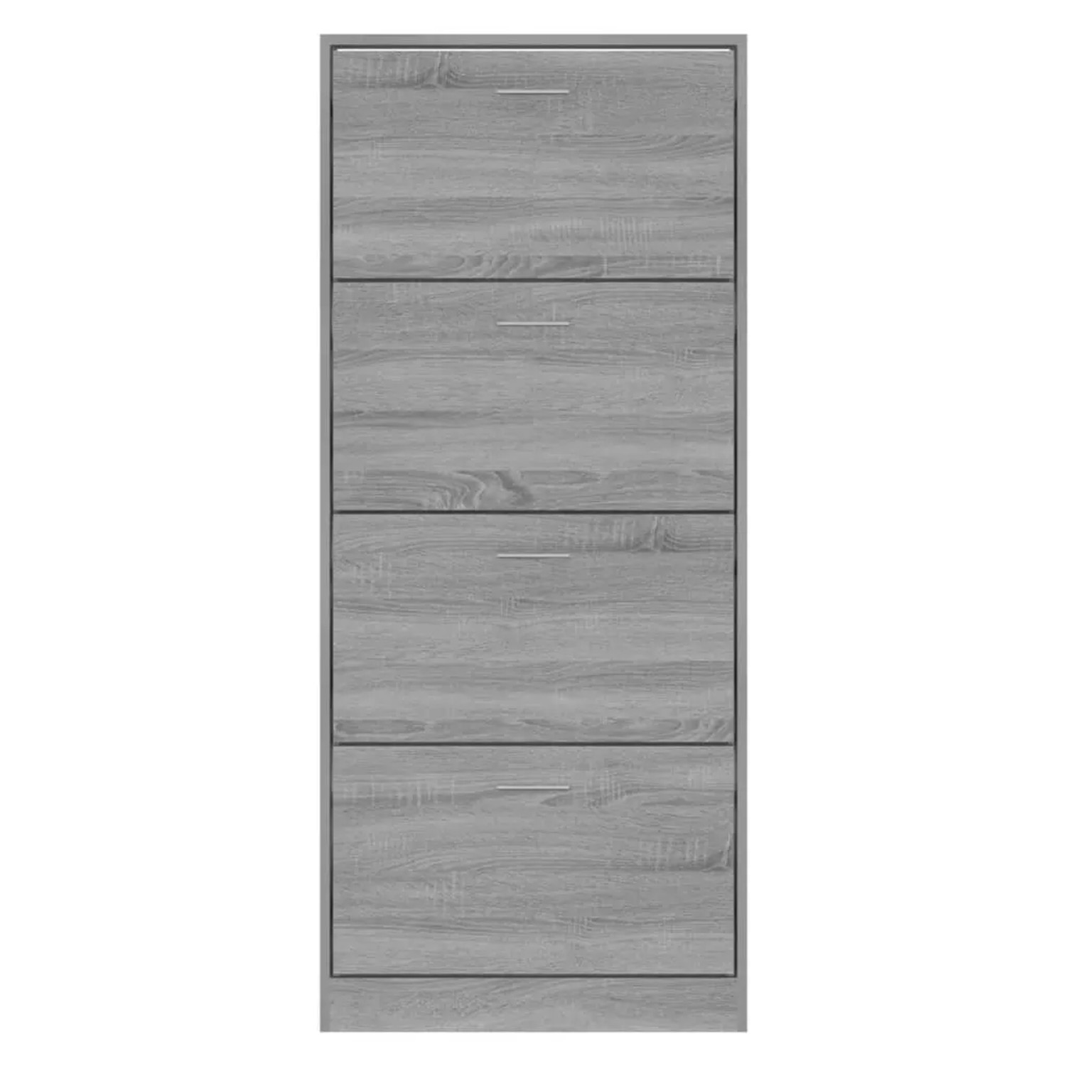Grauer Sonoma Schuhschrank aus Holzwerkstoff mit Holzmaserung und 4 Kippfächern. Modernes Design für Schuhe.