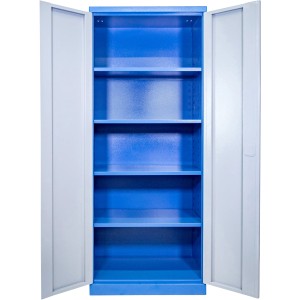 Geöffneter Güde Werkzeugschrank TYP BG in Grau-Blau mit vier Fachböden.