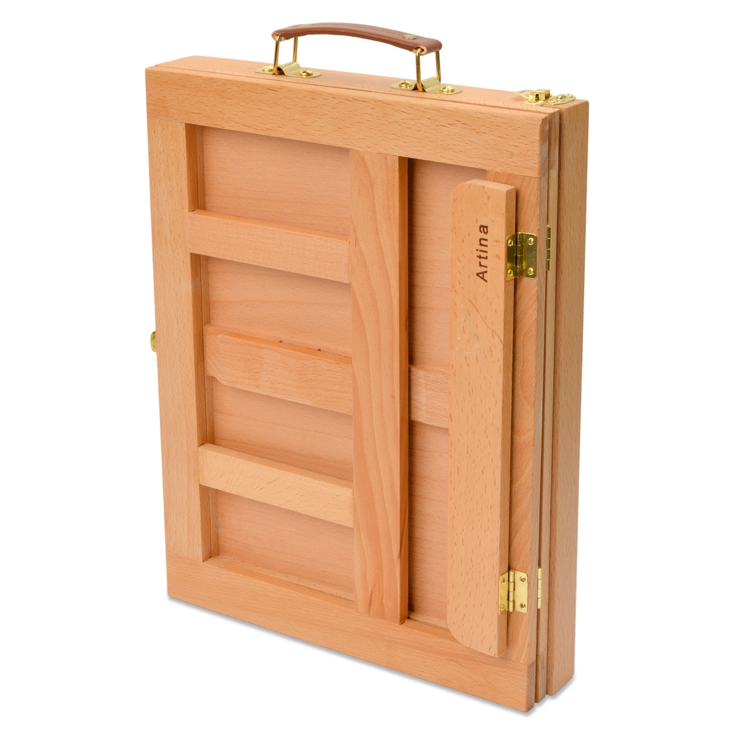 Artina Colmar Staffelei aus Buche, zusammengeklappt als Koffer mit Tragegriff.