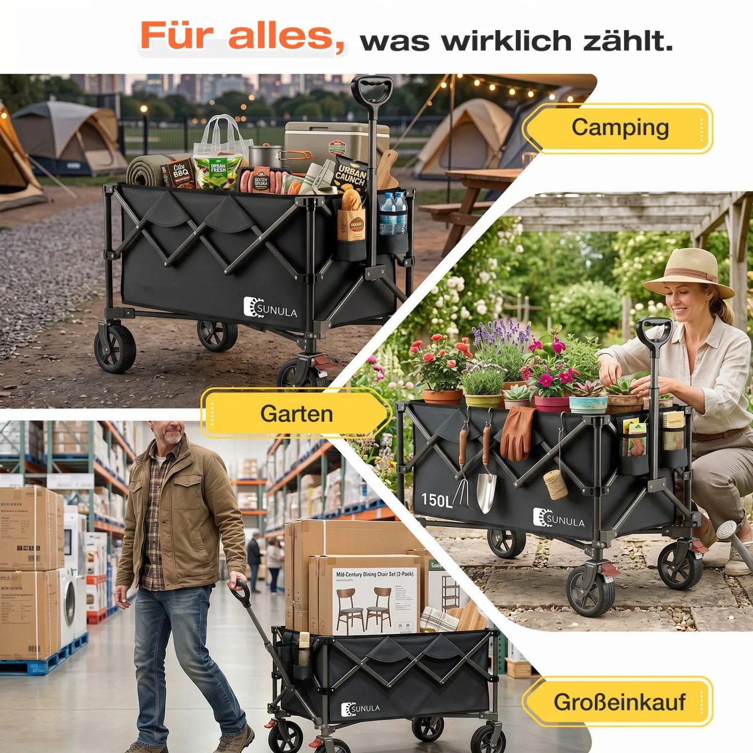 Sekey Bollerwagen faltbar, schwarz, für Camping, Garten und Einkauf. Tragkraft 120kg.