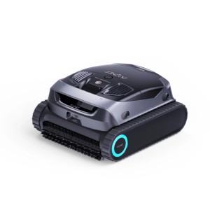 Aiper Scuba X1 kabelloser Poolroboter, dunkelgrau, mit Raupenantrieb und blauem Lichtring. Für effiziente Poolreinigung.