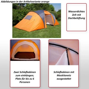 Orange-graues Campingzelt Loksa für 6 Personen auf Gras. Wasserdicht, 2 Schlafkabinen, Moskitonetz, Dachbelüftung.