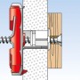 Illustration eines Fischer Duotec Kippdübel 10 S mit Schraube in Wand und Holz, Dübel Kategorie.