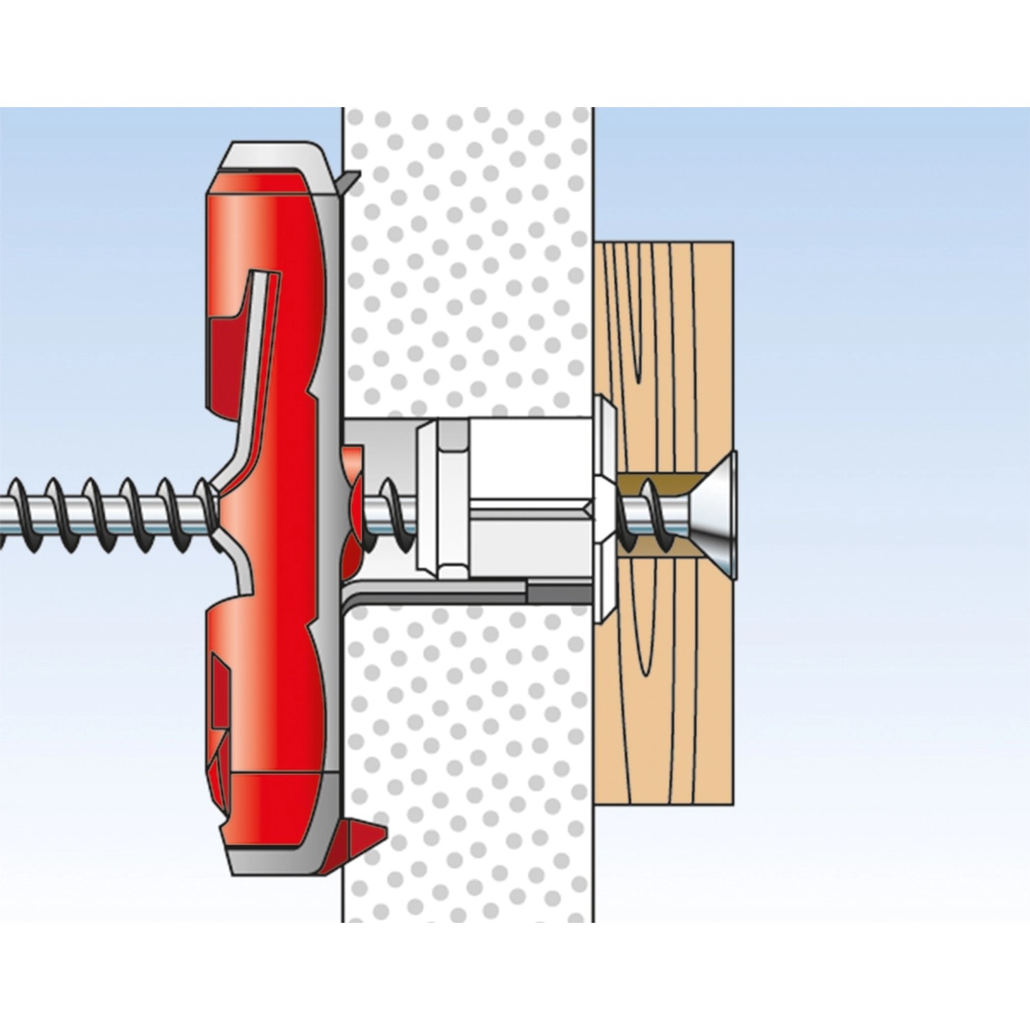 Illustration eines Fischer Duotec Kippdübel 10 S mit Schraube in Wand und Holz, Dübel Kategorie.