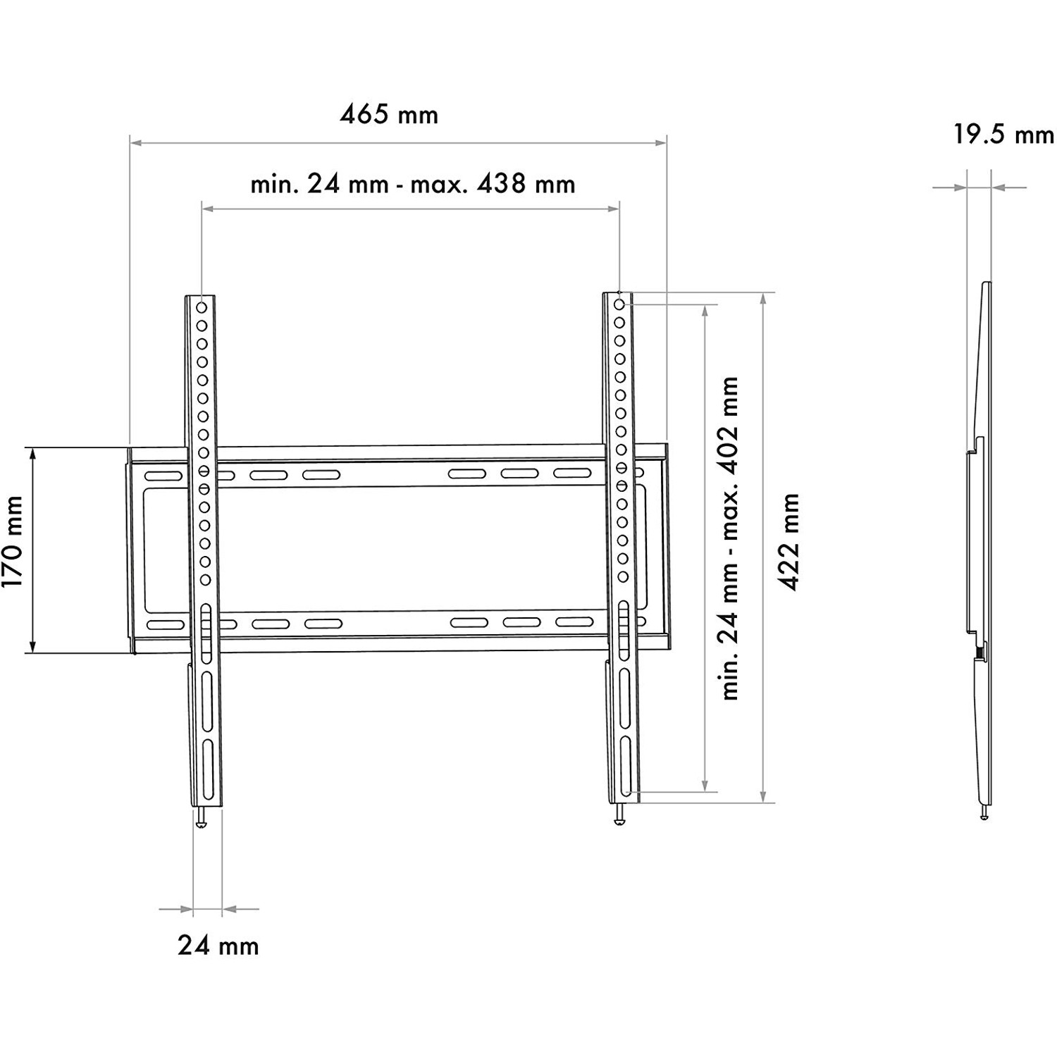 Technische Zeichnung der Schwaiger Fixed 2 TV-Wandhalterung mit Maßangaben.