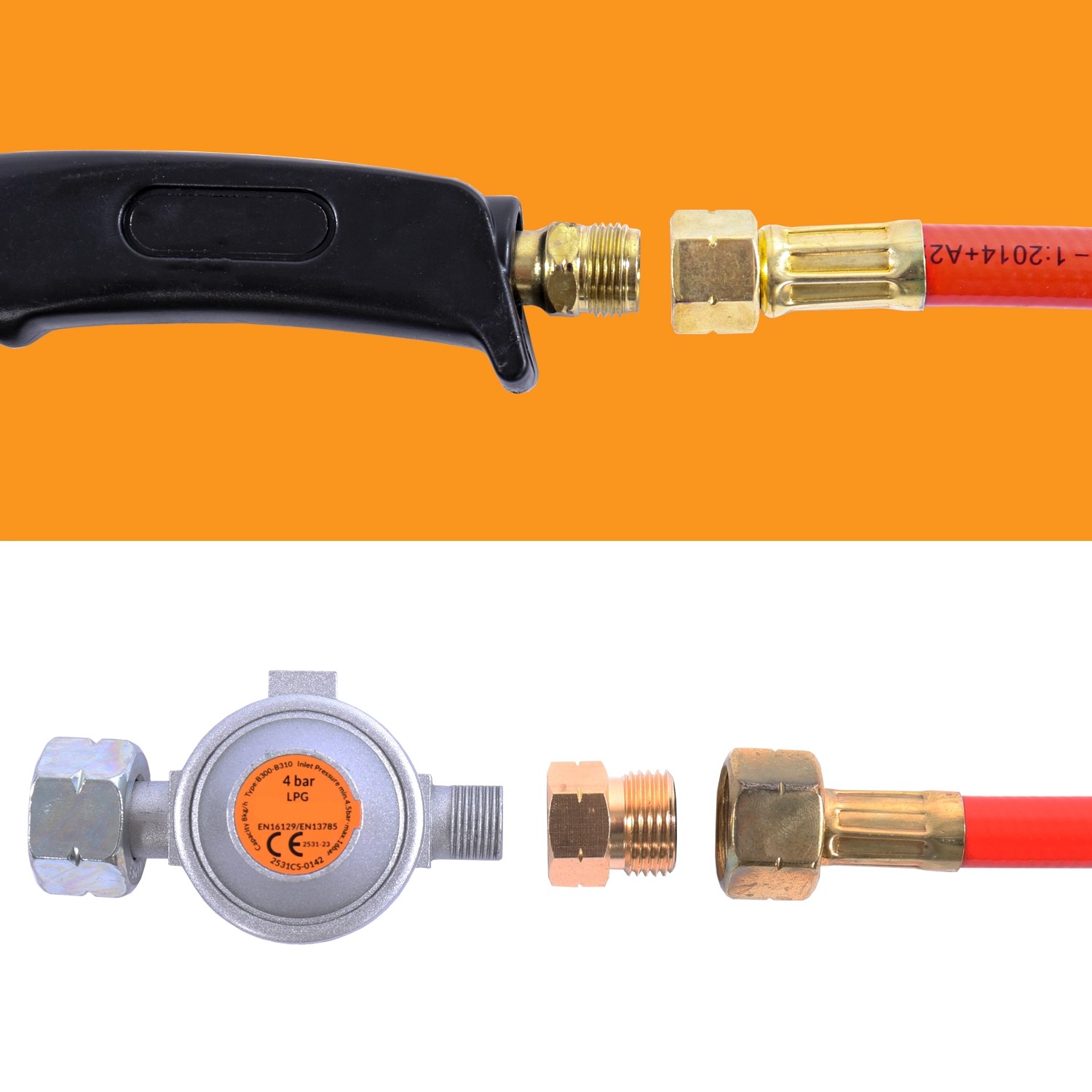 Zubehör für Fepro Unkrautvernichter 58kW: Schlauch, Regler und Düse im Detail.