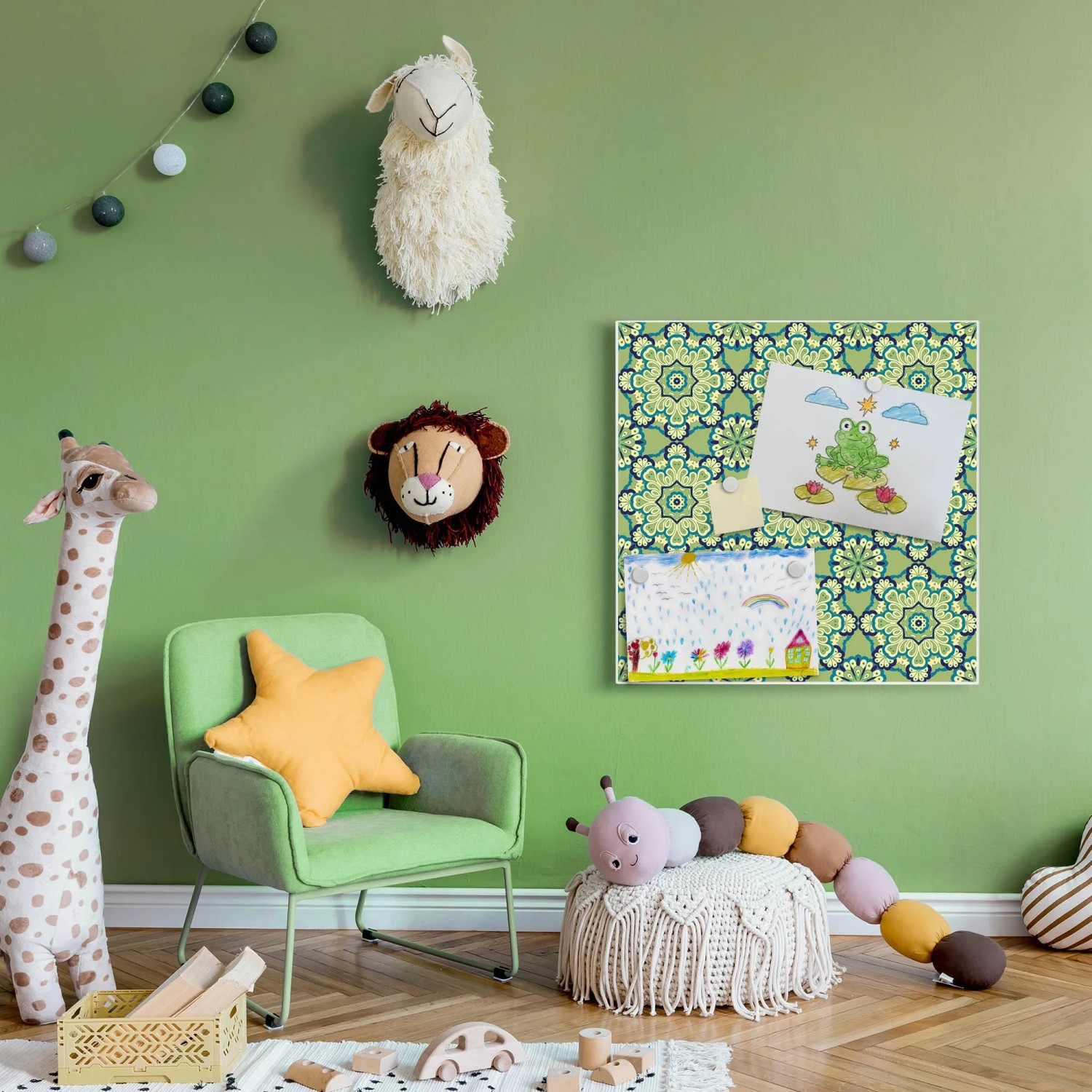 Banjado Magnettafel 50x50 cm mit Kaleidoskop Grün Muster, Wanddekoration im Kinderzimmer.