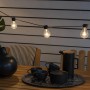 Konstsmide LED Biergarten Lichterkette mit bernsteinfarbenen Leuchtmitteln über einem Gartentisch.