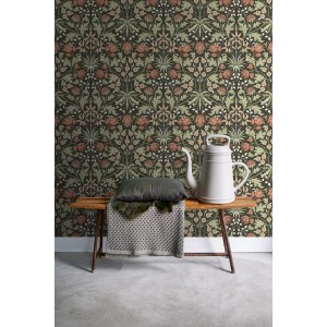 ESTAhome Tapete mit Blumenmuster in Dunkelgrün und Terrakotta im Jugendstil.