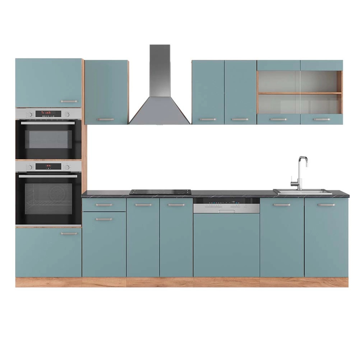 Vicco R-Line Küchenzeile Blau-Grau/Goldkraft Eiche 300 cm mit HochschrankAP günstig online kaufen