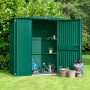 Moosgrünes Ecostar Gerätehaus Trend mit Satteldach und geöffneter Einzeltür, Gartengeräte sichtbar.
