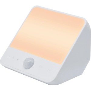 LED-Nachtlicht mit Akku und Bewegungssensor, weißes Gehäuse, warmes Licht.