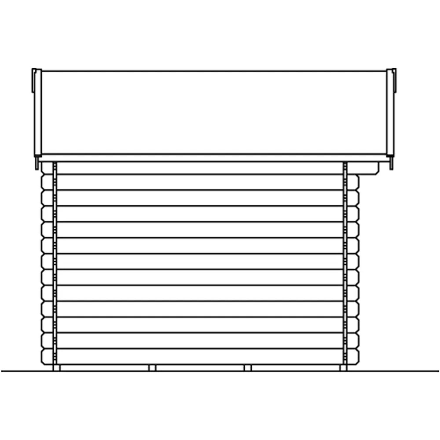 Skizze Skan Holz Gartenhaus Porto 2, 250x250 cm, unbehandeltes Holz, Blockbohlenbauweise.
