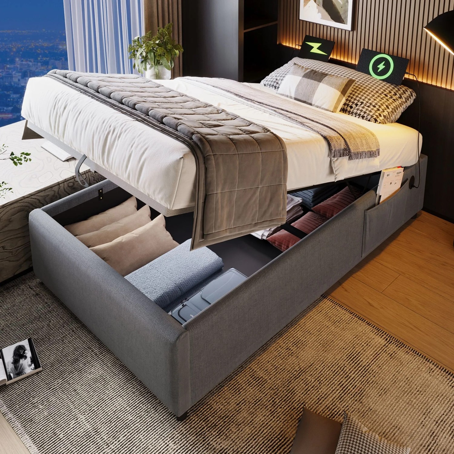 Merax Polsterbett 90x200cm USB-C Stauraum Baumwolle Grau