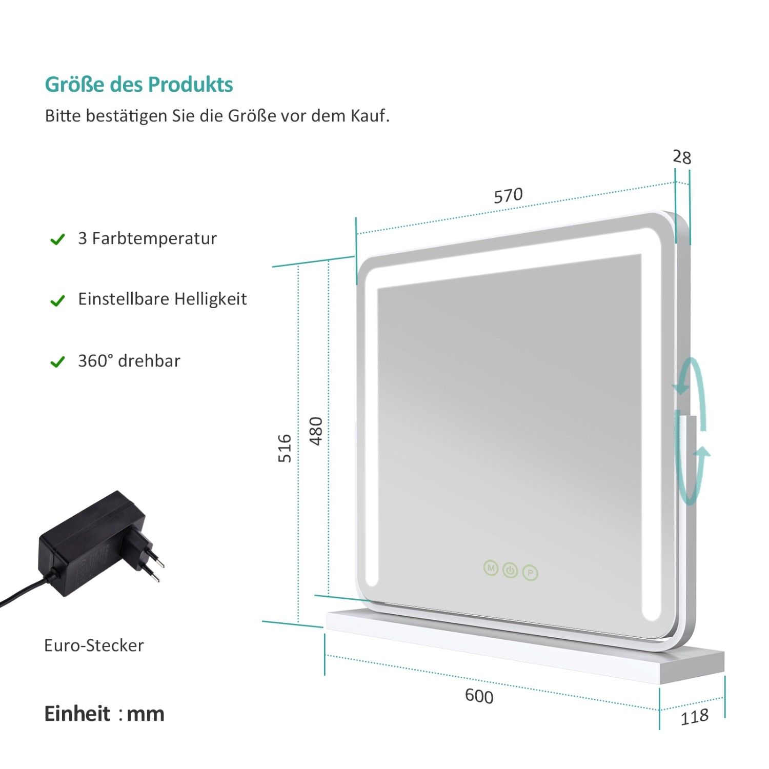 Emke Kosmetikspiegel mit LED-Beleuchtung, 3 Farbtemperaturen, dimmbar, 60x51 cm, mit Maßangaben.