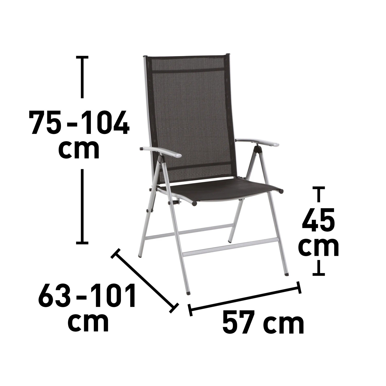 Klappsessel Suriname mit Maßen: Höhe 75-104 cm, Breite 57 cm, Tiefe 63-101 cm, Sitzhöhe 45 cm.