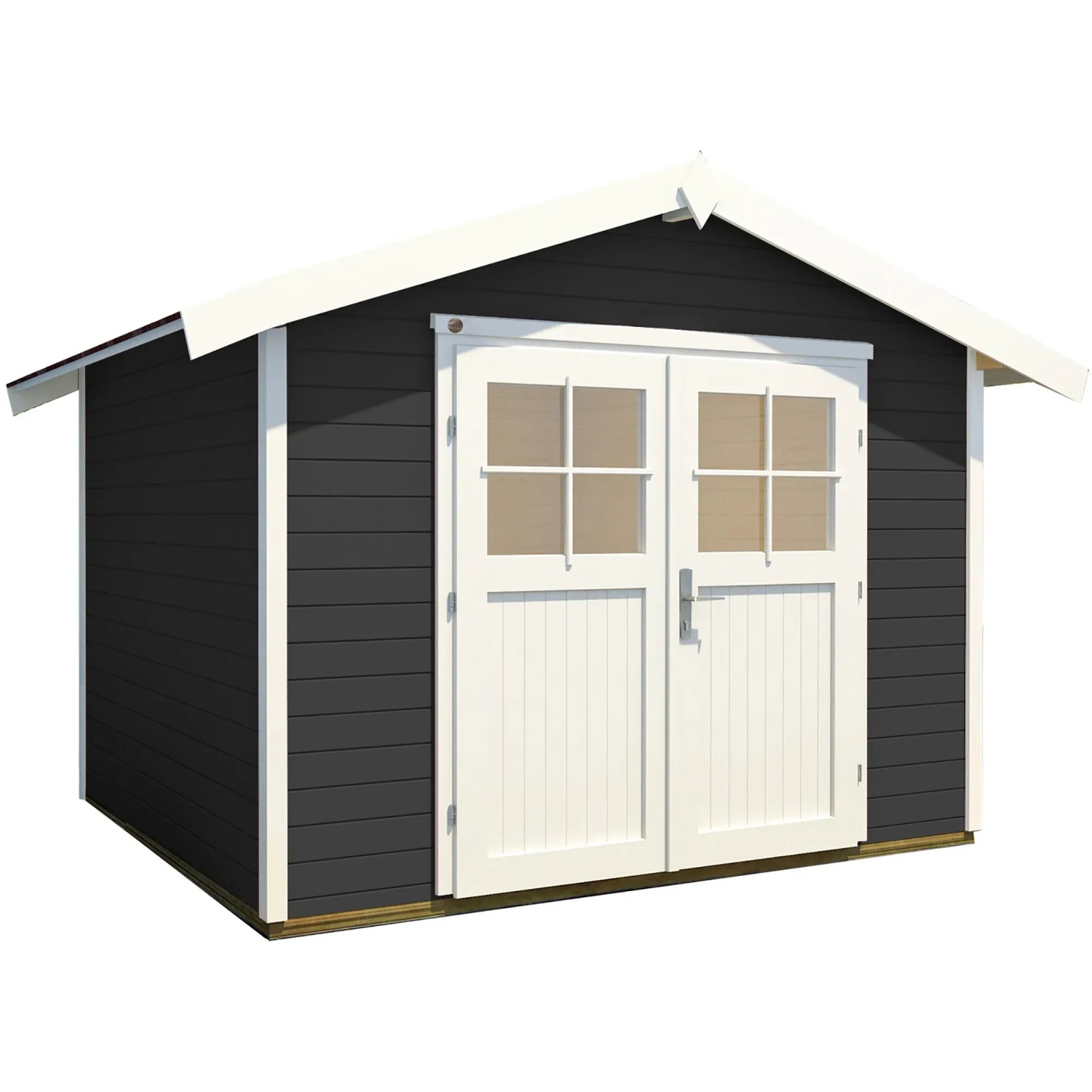 Weka Gartenhaus 122 Gr.4 mit Satteldach, anthrazitfarben, mit weißer Doppeltür.