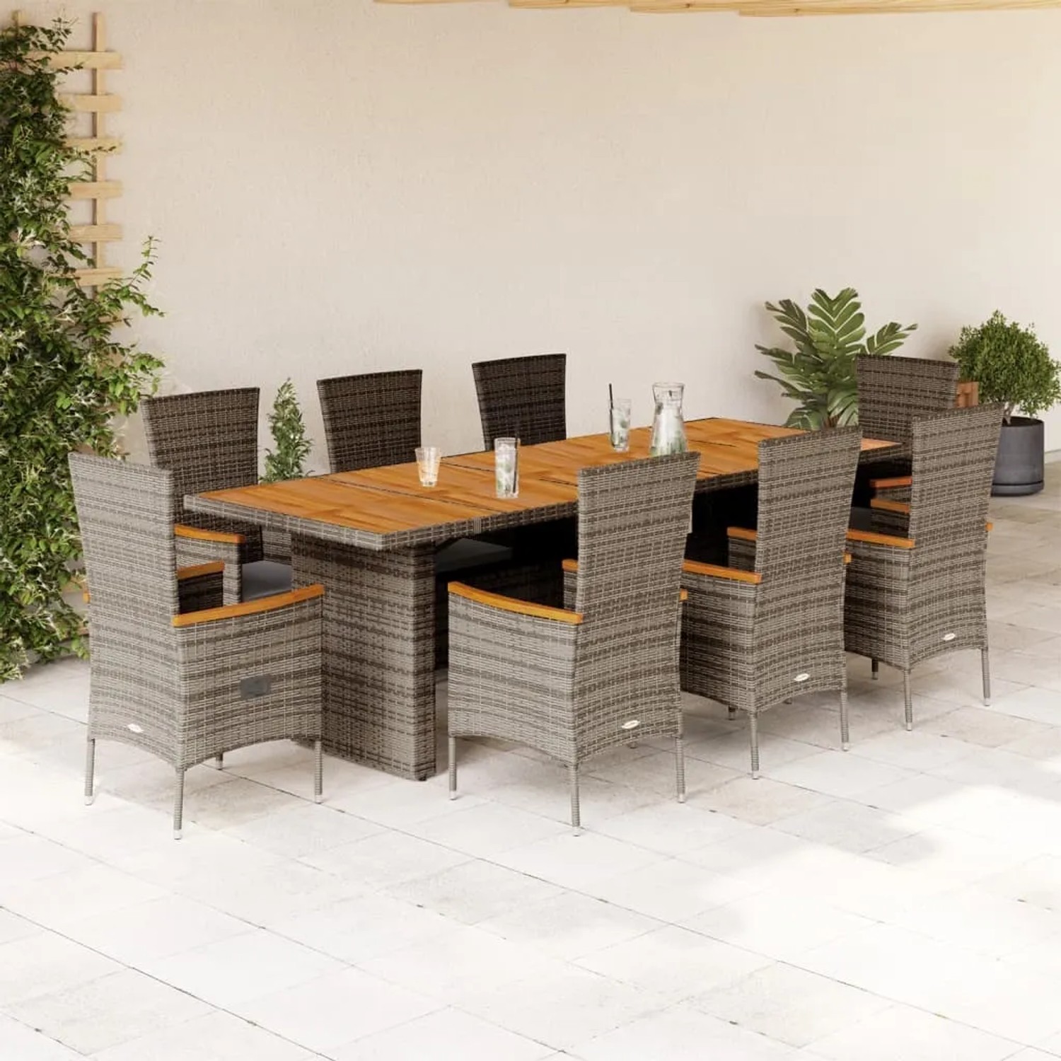 Graue 9-tlg. vidaXL Garten-Essgruppe aus Poly Rattan mit Akazienholztisch und Sitzkissen.