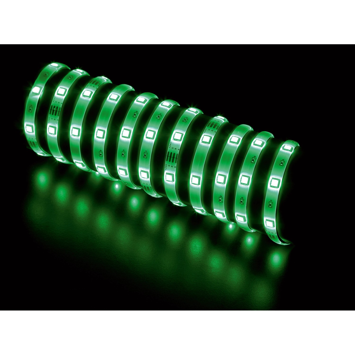 Aufgerolltes, grünes LED-Flexband RGB, 10 m, mit Lichtpunkten auf schwarzem Hintergrund.