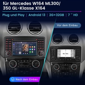 Junsun Autoradio für Mercedes W164 ML/GL. Vorher-Nachher-Ansicht im Armaturenbrett mit 7" Android Touchscreen.