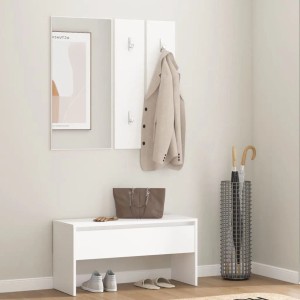 Weißes vidaXL Flurmöbel-Set aus Holzwerkstoff mit Bank, Spiegel und Garderobe.