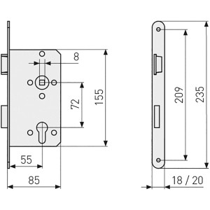 Abus Einsteckschloss für Wohnungsabschlusstür, Edelstahl, DIN rechts, mit Maßangaben.